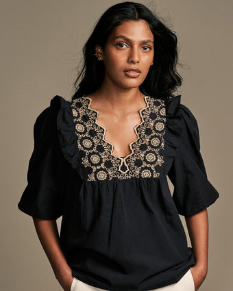 Black Broderie Frill Cotton Blouse front view