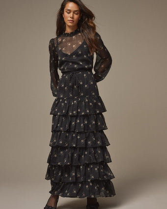 Black Chiffon Tiered Maxi Dress full front view