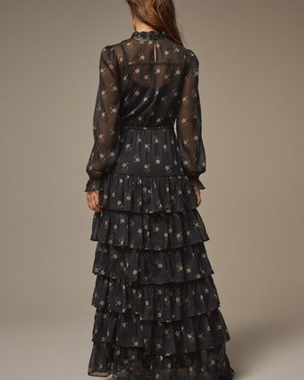 Black Chiffon Tiered Maxi Dress back full view