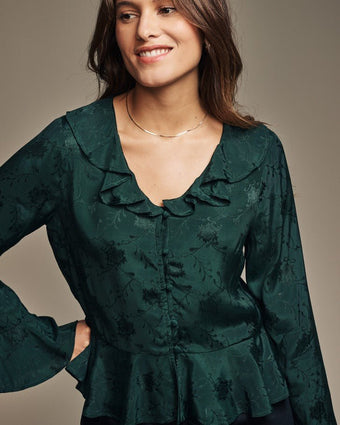 Green Jacquard Frill Blouse close-up view