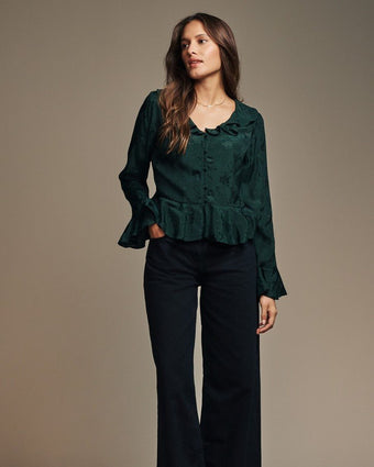 Green Jacquard Frill Blouse front view