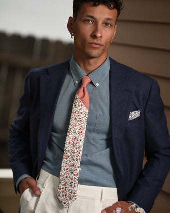 Indienne Floral and Dots White Tie view of tie on model