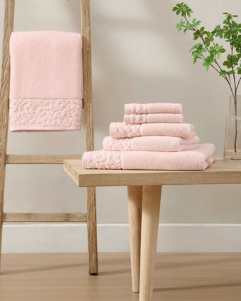 Marilyn Cotton Terry Blush Pink 6 Piece Towel Set stacked and on display