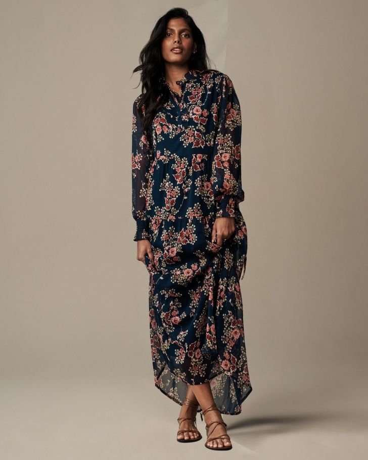 Navy Chiffon Ruffle Shirt Maxi Dress