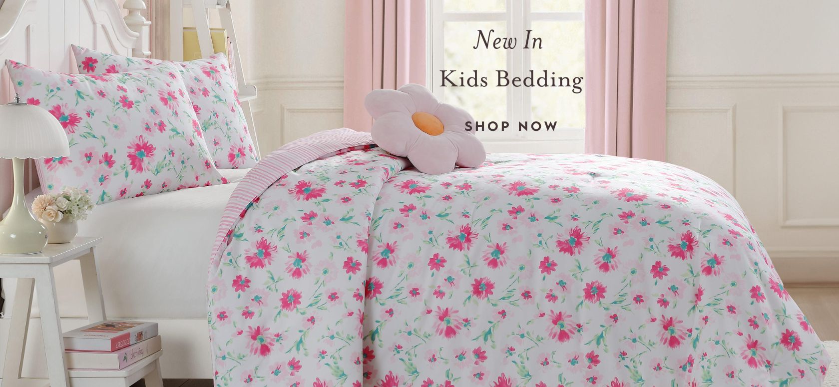 Meadow Daisies Comforter Set on a bed in a room.