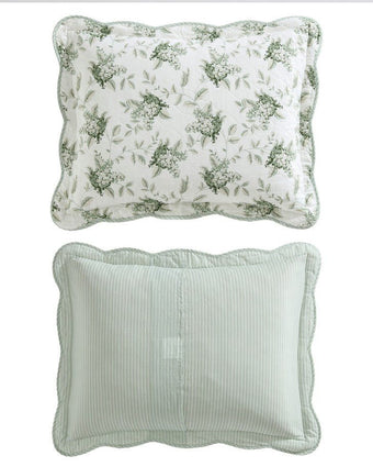 Portland Floral Green Cotton Reversible Quilt Set closeup of shams