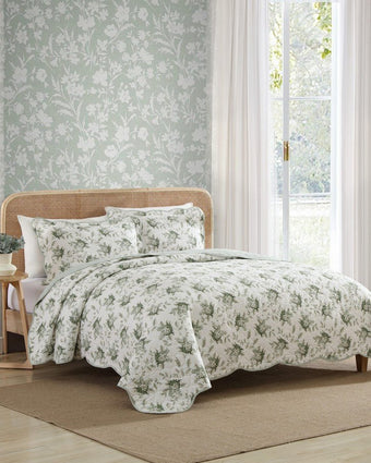 Portland Floral Green Cotton Reversible Quilt Set side view