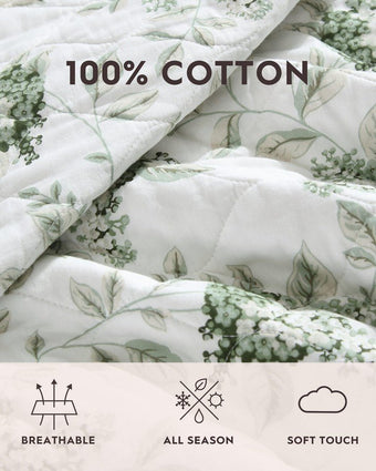 Portland Floral Green Cotton Reversible Quilt Set Breathable, All Season, Soft Touch