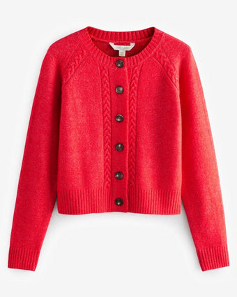 Red Knitted Cable Button Down Cardigan - front view