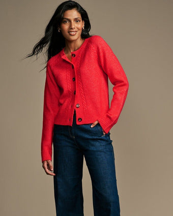 Red Knitted Cable Button Down Cardigan - front view