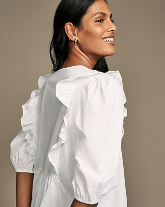 White Broderie Frill Cotton Blouse close up view of ruffle sleeves