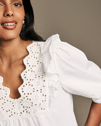 White Broderie Frill Cotton Blouse closeup view of neckline