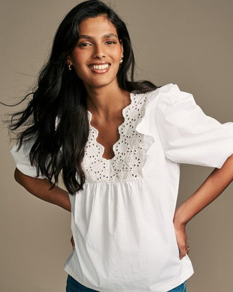 White Broderie Frill Cotton Blouse front view