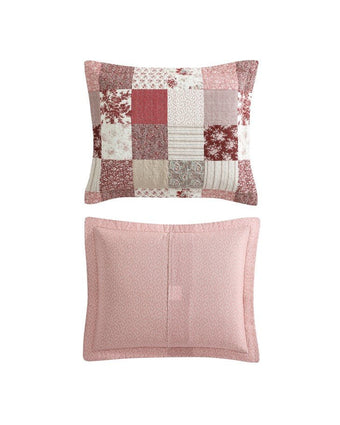 Celina Patchwork Cranberry Cotton Reversible Quilt Set view of front and reverse side of shams