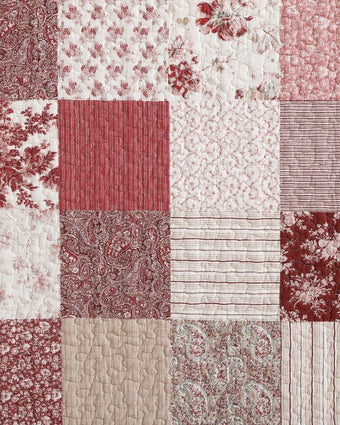 Celina Patchwork Cranberry Cotton Reversible Quilt Set close up  view of quilt