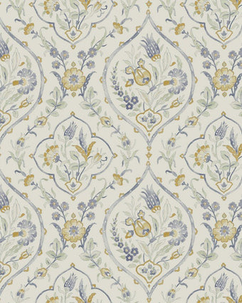 Foscot Damask Pale Ochre Yellow Wallpaper close up view of wallpaper