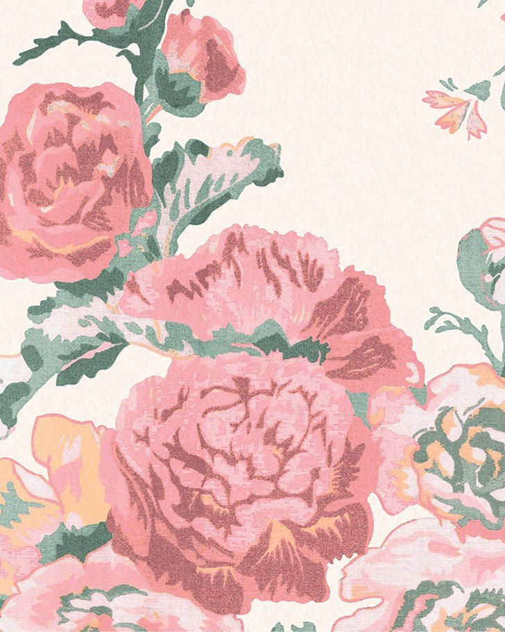 Hollyhocks Coral Pink Wallpaper