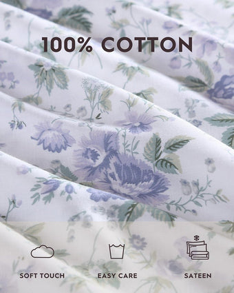 Lilian Purple Cotton Sateen Sheet Set - View of fabric information