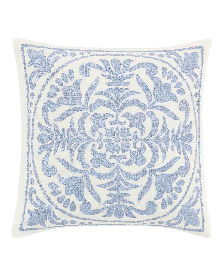 Laura Ashley Bedford Embroidered Blue Cotton Square Throw Pillow