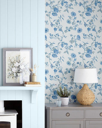 Rambling Rector Sky Blue Wallpaper - View of wallpaper on the wall