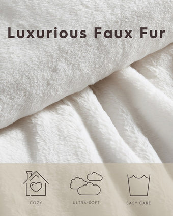 Solid Faux Fur Natural Duvet Cover Set - Close up view of duvet cover fabric with fabric information